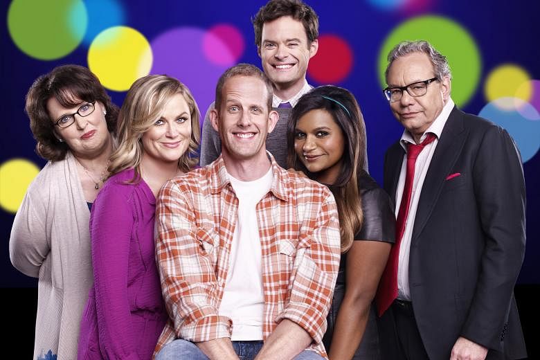 Inside Out writer-director Pete Docter (centre) with (from left) Phyllis Smith (Sadness), Amy Poehler (Joy), Bill Hader (Fear), Mindy Kaling (Disgust) and Lewis Black (Anger).