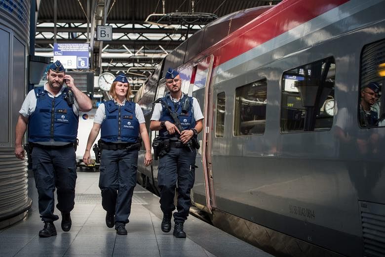 Police officers patrolling on the Thalys train station platforms in the wake of last week's would-be attack on a French train travelling from Amsterdam to Paris. And EU ministers are meeting on Saturday to discuss security.