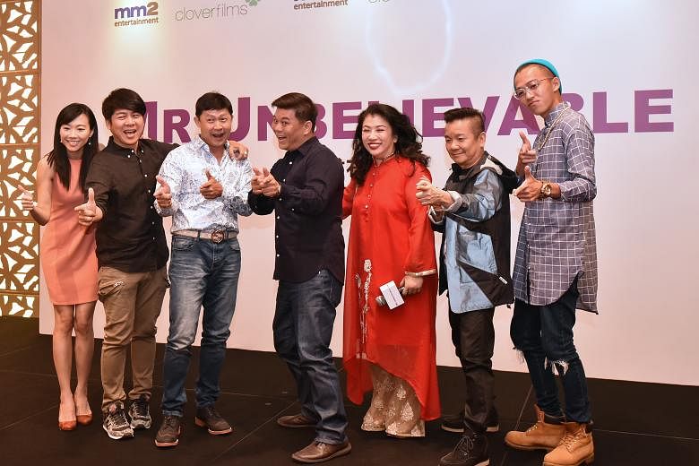 The cast of Unbelievable (from left) Jamie Teo, Roy Loi, Chen Tianwen, director Ong Kuo Sin, Liu Lingling, Marcus Chin and Tosh Zhang.