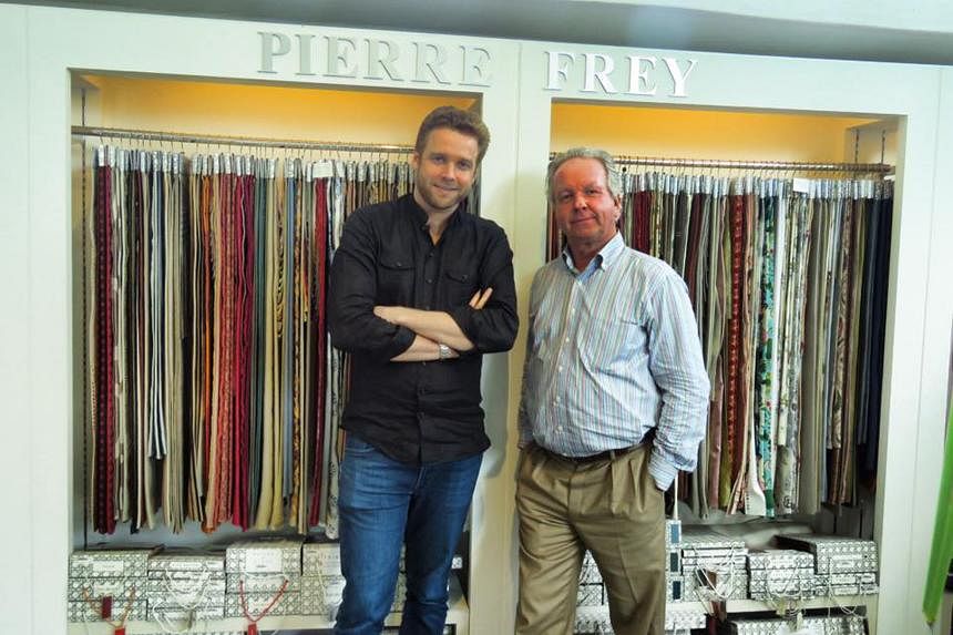 Pierre Frey's Origines collection (left) is inspired by Aboriginal art. The company's creative director Patrick Frey (below right) and his son Matthieu.