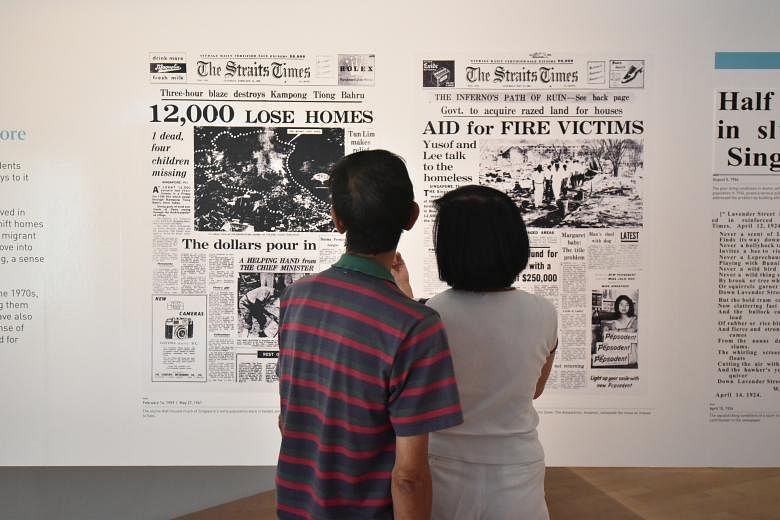 The exhibition gives visitors a taste of Singapore through themes based on the different sections of The Straits Times. The "Home" section features reports on housing, education, transport, defence, health and environment issues, among other topics. 