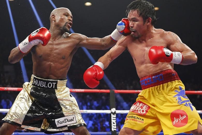 It took a long time before Floyd Mayweather (far left) and Manny Pacquiao agreed to fight. The American had insisted that the Filipino abide by a strict drug-testing regimen.