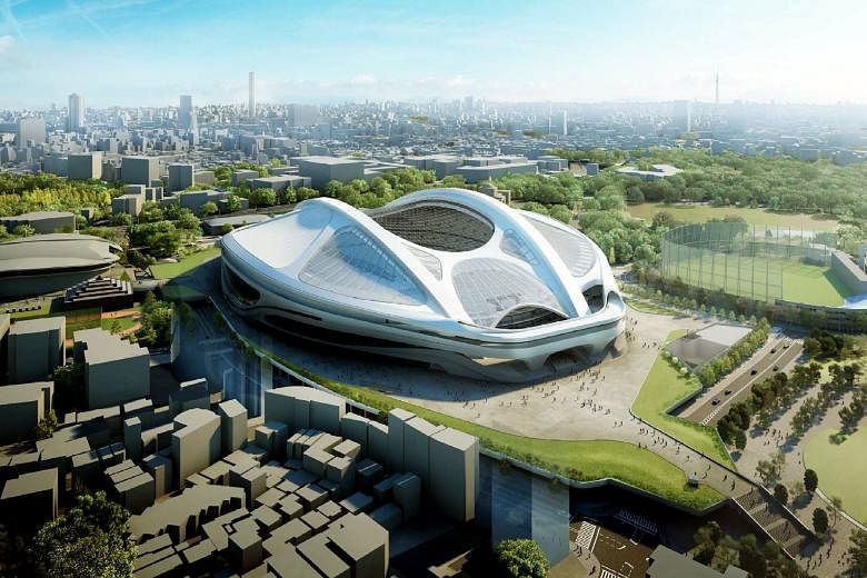 Architect Zaha Hadid (above) in front of the Serpentine Sackler Gallery in London she designed. An artist's impression of the new National Stadium for the 2020 Olympic Games in Tokyo (left) that Ms Hadid designed and which was later scrapped due to s