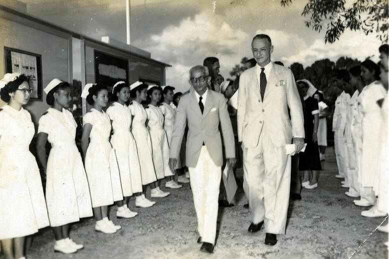 (Right) Mr Hormusji Mistri, younger brother of philantropist Navroji Mistri, laying the foundation stone of Singapore General Hospital's Mistri Wing, and (far right) inspecting a nurses' guard of honour with Singapore's director of Medical Services W