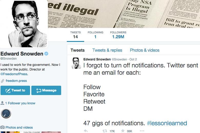 Mr Edward Snowden, the former US National Security Agency contractor, got 1.3 million followers on Twitter in three days.
