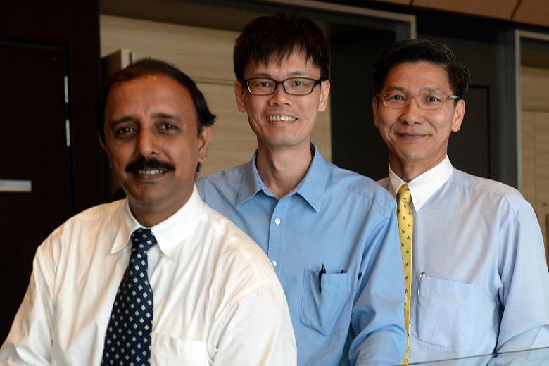(From left) Lumileds Singapore's Ananthan R; Keppel DHCS' Poh Tiong Keng; and Molex Singapore's Sebastian Choo. Lumileds, DHCS and Mr Choo received awards for helping to save energy.