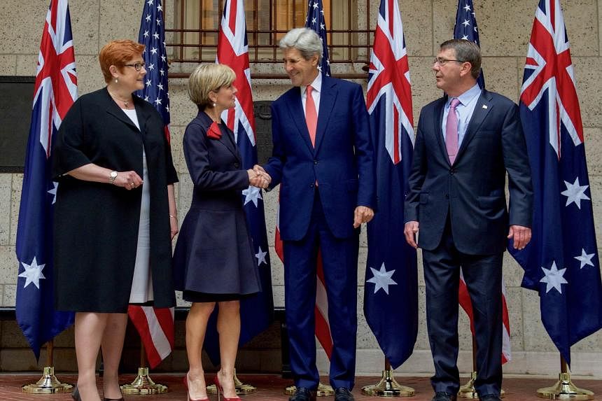 (From left) Australian Defence Minister Marise Payne, Australian Foreign Minister Julie Bishop, US Secretary of State John Kerry and US Defence Secretary Ashton Carter at the two countries' annual two-day meeting in Boston on Tuesday.