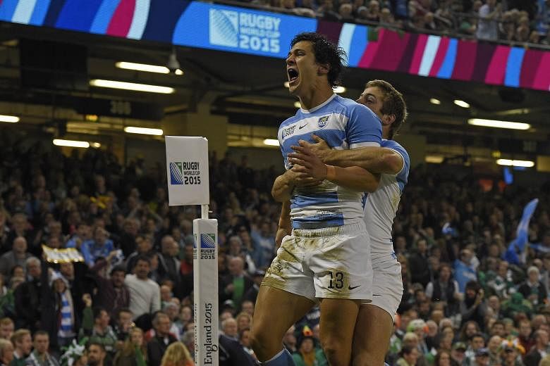 Argentina's centre Matias Moroni rejoicing after scoring the first try against Ireland at the Millennium Stadium in Cardiff. After a poor start, three points was the closest Ireland managed to get in the whole match. In the end they could not cope wi