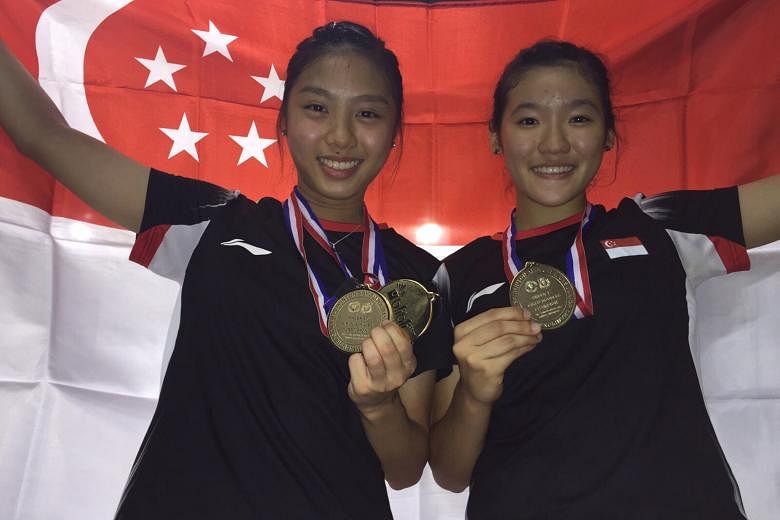 Yeo Jia Min (left) and Crystal Wong after clinching the girls' doubles title at the Badminton Asia Under-17 Junior Championships in Indonesia last month. About an hour earlier, Jia Min had also won the singles. ST Star of the Month Yeo Jia Min, 16, w