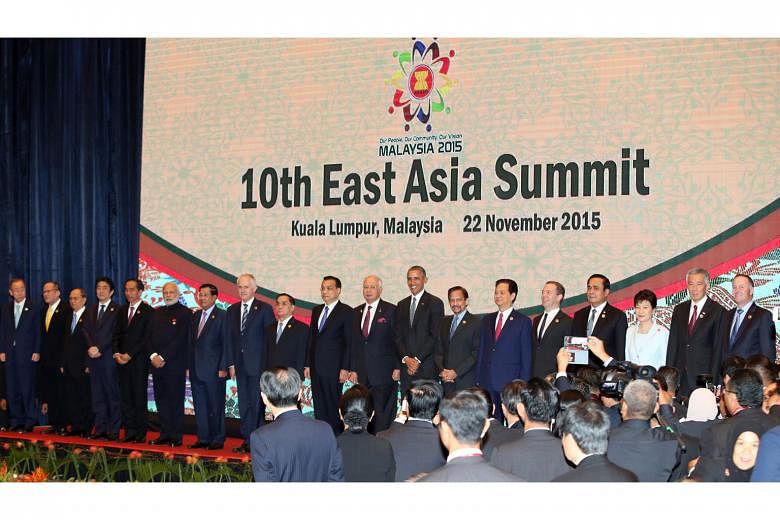 Leaders taking the stage at the East Asia Summit in Kuala Lumpur yesterday. Malaysian Prime Minister Najib Razak said there was consensus among EAS members that the South China Sea had to be handled in a way that does not raise tensions.