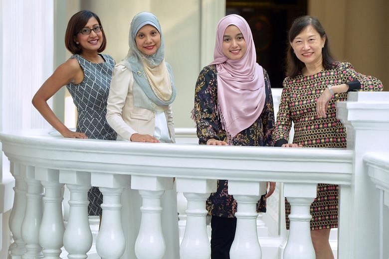 Among the teachers who were presented with Inspiring Teacher of English Awards are (from far left) Ms Ilavarasi Sekaran, 30, of Cantonment Primary School, Madam Suzanna Hashim, 42, of Anglo-Chinese School (Primary), Ms Arafah Tajudin, 27, of Eunos Pr
