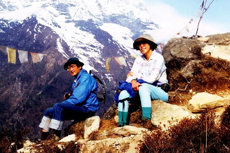 (Left, above) Prof Yap Kian Tiong and his wife Miranda trekking on Mount Everest in 1995. The couple led a full life after they got married in 1981, planning holidays and travelling with friends, though work began to take up more of her time later. (