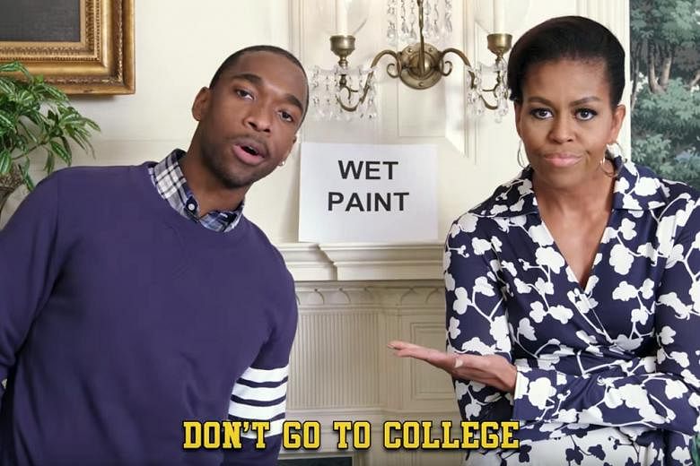 Mrs Michelle Obama and Jay Pharoah in the tongue-in-cheek music video to encourage children to go to university.