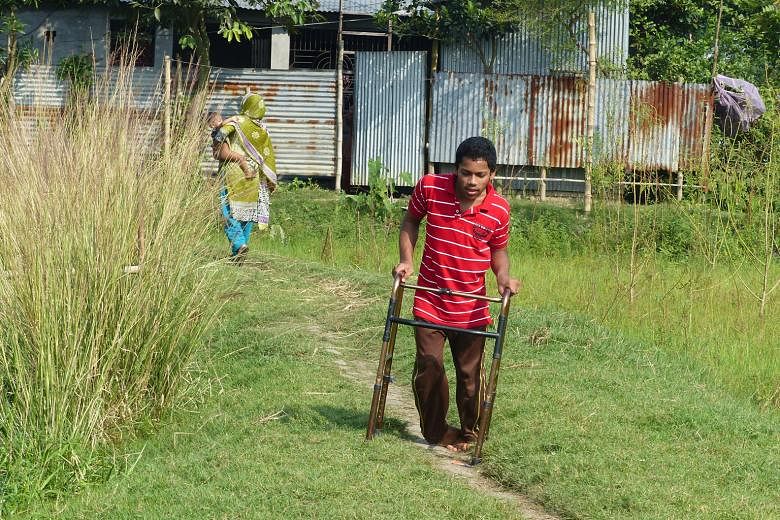 Of Mr Shahabuddin's three children, Raihat, 18, the younger son who was born three months prematurely, has difficulty moving about and requires support. Since his return to Bangladesh in early 2010, Mr Shahabuddin (above, left) has spent half his ins