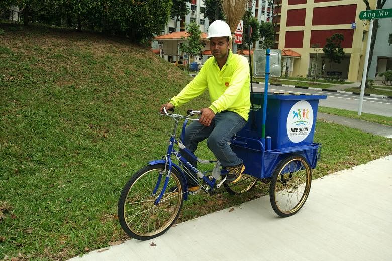 Mr Abu Repon, a cleaner working in Nee Soon, feels the tricycle trumps the trolley he was using before as it is easier to clean the estate now. There are nine such tricycles deployed in Nee Soon: five in Kebun Baru constituency and four in Chong Pang