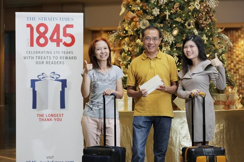 Ms Leong Chee Fun (left), Mr Lee Eng Hock and Ms Lim Yan Ming, who won prizes at this month's ST170 giveaway. Ms Leong and Ms Lim won Tumi suitcases, while Mr Lee won a stay at the Ritz Carlton Hotel.