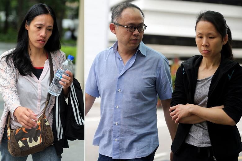 Madam Thelma Oyasan Gawidan (far left), whose weight dropped from 49kg to 29kg in 15 months, said she had no way of buying food as her employers (left), trader Lim Choon Hong and his wife Chong Sui Foon, kept her salary from her, claiming they were s