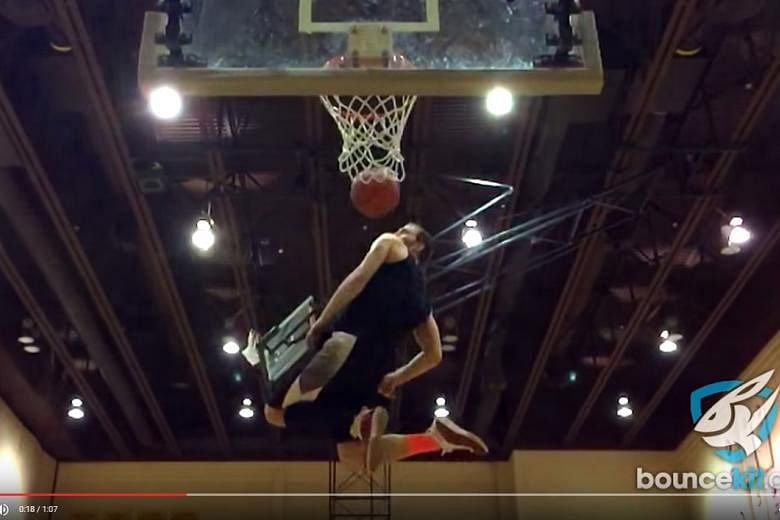Screen shots from a YouTube video of professional dunker Jordan Kilganon's most spectacular success, flipping the basketball from behind his back while jumping (left), then spinning around to dunk. Kilganon, 23, will compete in the NBA slam dunk cont