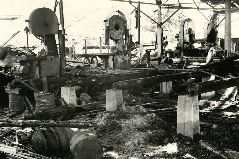 While business was good, it was not always smooth sailing for Hiap Chuan Joo. In October 1962, the sawmill factory was set ablaze (the post-blaze scene above). About $300,000 worth of machinery and timber were destroyed.