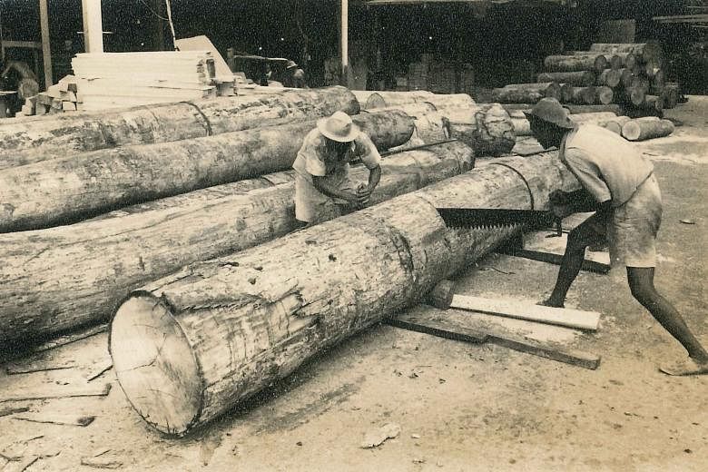 (Left) Workers, mostly women, assembling the wooden crates in the 1950s using tools such as hammers. (Above) A 1964 picture of the saw blades used for cutting timber. Workers would use the saws to slice chunks of timber logs into uniform planks to be
