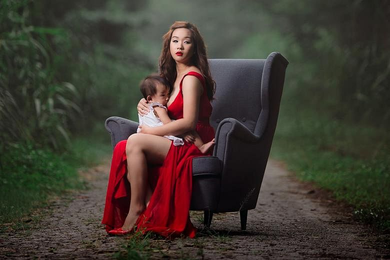 Photographer Ms Pan started with photos of a young mother dressed as a goddess (above) nursing her child in a forest. Ms Pan's second series, featuring Ms Goh in office attire (left) breastfeeding in Raffles Place, was meant as a statement against wo