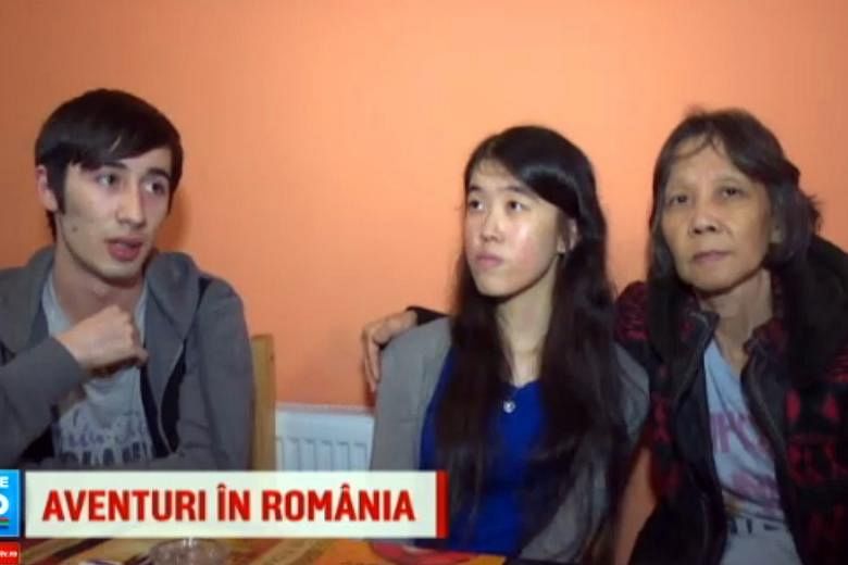 Above: Ms Cheryl Yap Lay Leng with her mother, Madam Foo Li Kheng, and her Romanian boyfriend Alexandru Donea in an interview with Romanian broadcaster Pro TV. Below: A photo of Ms Yap and her mother, flanked by police officers, was posted by the Rom