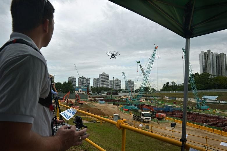 Mr Philip Von Meyenburg of Aetos flying a drone as part of an inter-agency collaboration on the use of unmanned aircraft systems for inspecting construction sites. Various agencies can indicate what they want to look out for and inspect, cutting down