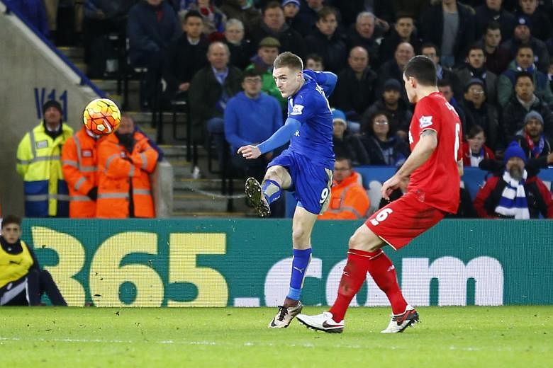 Jamie Vardy scoring his much-lauded goal against Liverpool on Tuesday. His opportunistic streak and his dynamism have provided much of the vital momentum for outsiders Leicester this season.