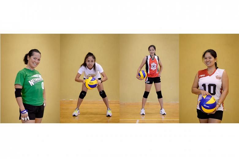 (From left) Netmovers Singapore's Alfie Domingo, Blockers Angels' Chelame Aquilo, Furious Fighters' Dinalyn Salvilla and Power Mix Group's Malou Marquez play in the all-women Sports@Sg volleyball league.