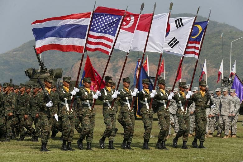 Thai soldiers participating in the opening ceremony for the Cobra Gold military exercise in Chonburi, east of Bangkok, yesterday. Twenty-seven countries are taking part, either directly or as observers.