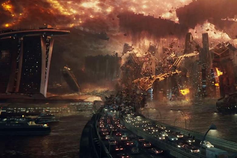 Marina Bay Sands is surrounded by flames as familiar skyscrapers crumble in a cloud of dust and rubble. It lasts about three seconds, but sharp-eyed viewers spotted Singapore's skyline in a new trailer for disaster movie Independence Day: Resurgence 