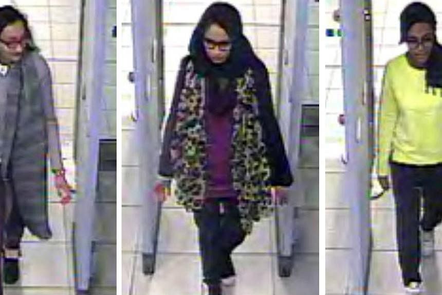Bethnal Green Academy schoolgirls (from left) Khadiza Sultana, Shamima Begum and Amira Abase passing through security at Gatwick Airport before flying to Turkey, en route to Syria to join ISIS in February last year. One of their friends in school had