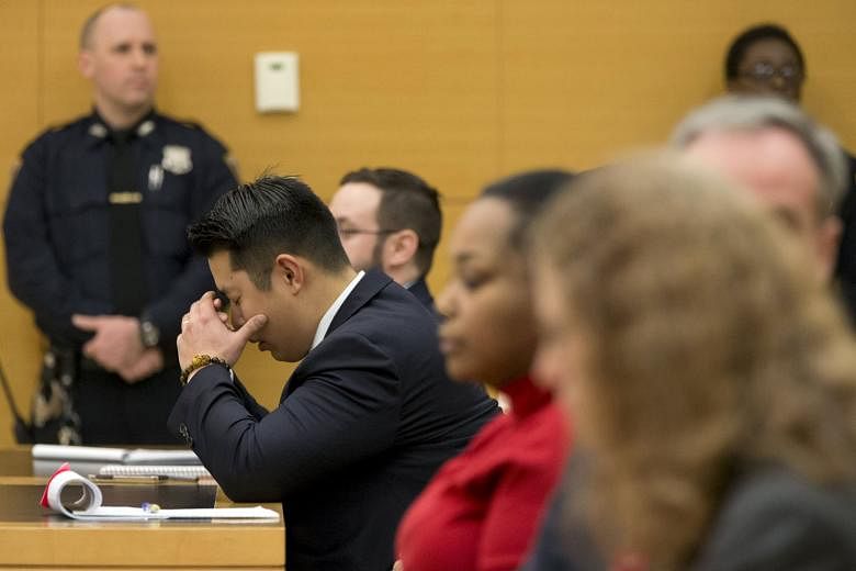 Liang crumpling in his seat in the State Supreme Court in Brooklyn after the verdict was delivered on Thursday. He was convicted of manslaughter and official misconduct for fatally shooting an unarmed black man, Akai Gurley.
