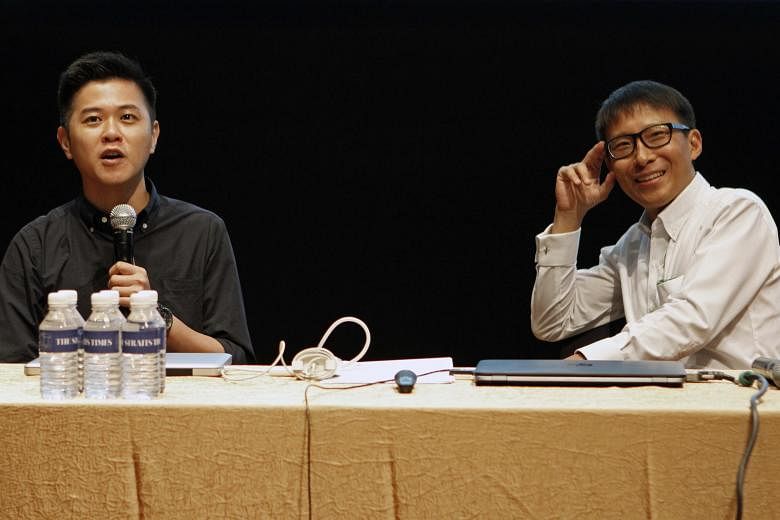 Mr Desmond Lim (far left) and Mr Alphonsus Chern were among the Straits Times photojournalists who yesterday conducted talks which featured topics such as covering disasters and how photojournalism has changed in a digital age.