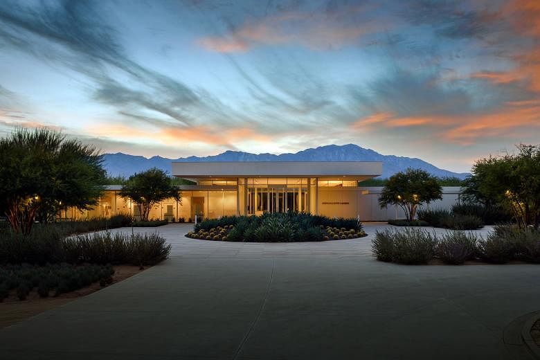 Front view of Sunnylands Centre at dusk. Mr Obama has become a loyal visitor to the lush Sunnylands estate in Rancho Mirage, California, and has used it to confer with world leaders.