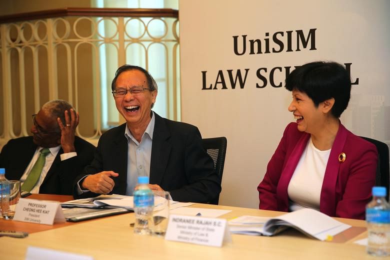 UniSIM is considering co-locating its new law school at the State or Family Justice courts being built in Havelock Road (left), a recommendation put forward by a panel including (below, from left) Senior Counsel N. Sreenivasan, UniSIM president Cheon