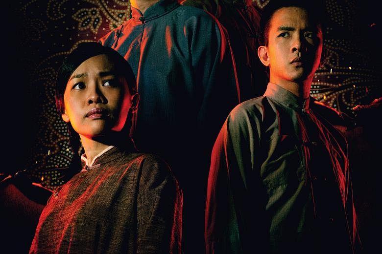 Seeing red: (clockwise from left) Mia Chee, Tay Kong Hui, Timothy Wan and Hang Qian Chou in Nine Years Theatre's Red Demon.