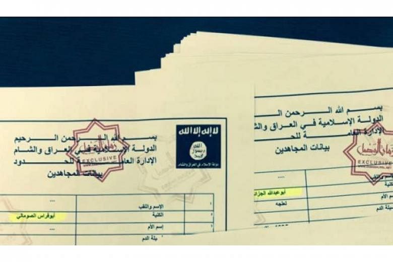 The experts' biggest concerns were the different names, logo, and language inconsistencies in the leaked ISIS documents (left) that were described as "very much out of character". (Below) ISIS recruits in an image from an ISIS video posted online. Co