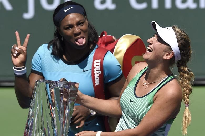 Victoria Azarenka and Serena Williams were in a less playful mood after Indian Wells director Raymond Moore said female players should "thank God" for their male counterparts, Federer and Nadal. The controversy overshadowed the Belarusian's straight-