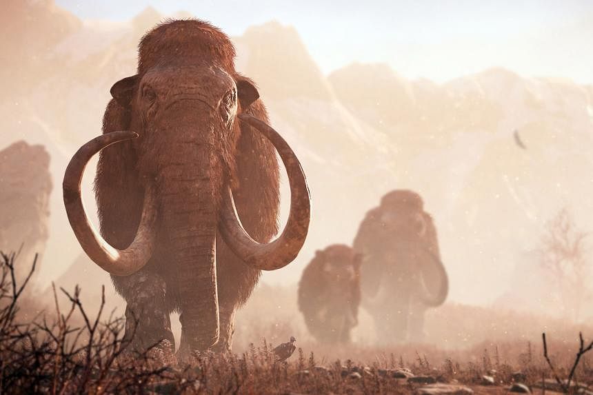 Far Cry Primal occurs in the fictional Oros valley during the Stone Age. The main character Takkar (left) has the ability to tame and ride certain wild beasts, such as the sabretooth tiger and the woolly mammoth (below).