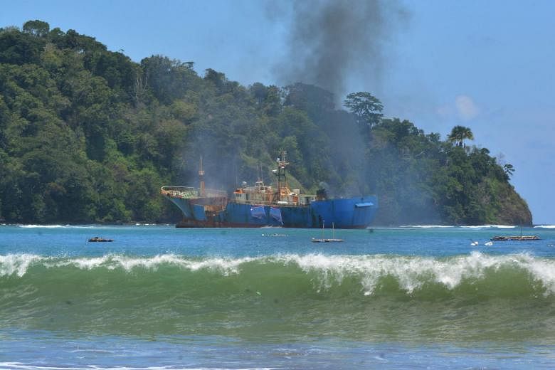 Illegal fishing ship FV Viking being destroyed in Pangandaran, West Java, in a photo from Indonesia's Ministry of Maritime Affairs and Fisheries on March 16. Minister Susi Pudjiastuti has demanded China return the Kway Fey, which sparked the recent s