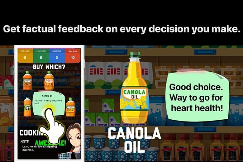 A screenshot of the game Buy Which?, created by the National Healthcare Group's health promotion department and local game developer Mojo- cat. The phone app teaches users about nutrition and how to make healthier food choices.