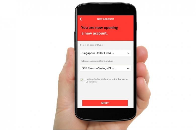 The OCBC app (above) lets customers check their bank balances by tapping their Apple Watch, without having to log in to the app on their smartphones first. The DBS app (right) allows users to open an additional banking account in just a few steps, wi