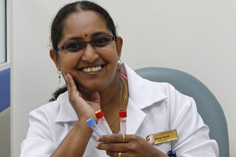 Ms Malar's advice to those who are afraid of having their blood taken is to look away and relax when it is being done, as being tense can cause the blood to backflow, making it more difficult for the phlebotomist.