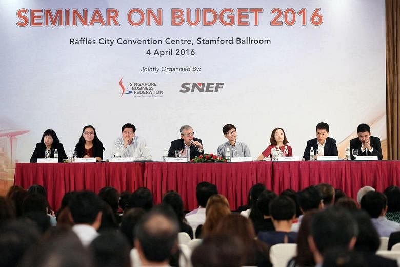 Panellists at the Budget seminar yesterday. (From left) RSM tax partner Cindy Lim, Ministry of Finance head of tax policy Teng Mui Choo, National Research Foundation deputy chief executive Cheong Wei Yang, SBF chief executive, Mr Ho, Spring Singapore