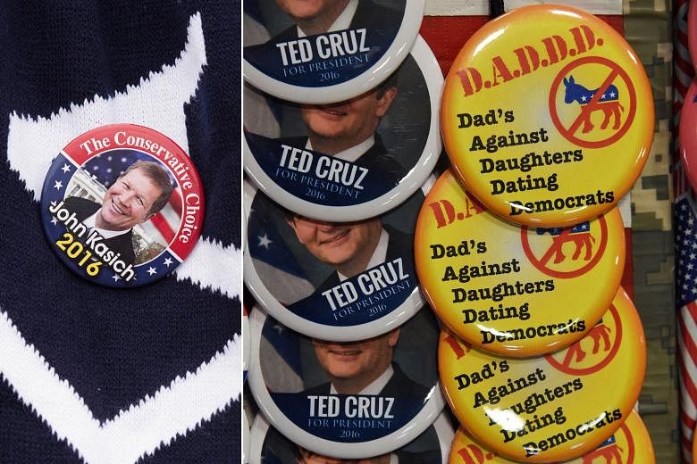 The US presidential candidates have come up with creative campaign buttons to get their message across to voters as they battle for their party's nomination ahead of this week's primary contests. And supporters are snapping up the buttons of (anti-cl