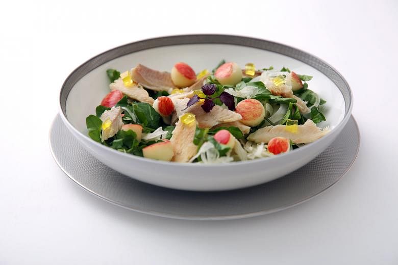This dish of watercress salad and smoked trout with shaved fennel, apples and yuzu jelly in a maple vinaigrette is one of the items introduced by SIA as part of its Deliciously Wholesome meal programme.