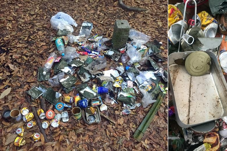 The trash found at the same clearing in a forest near Seletar Reservoir on April 10 (above) and April 27 (above, left) by regular visitor Debbie Fordyce.