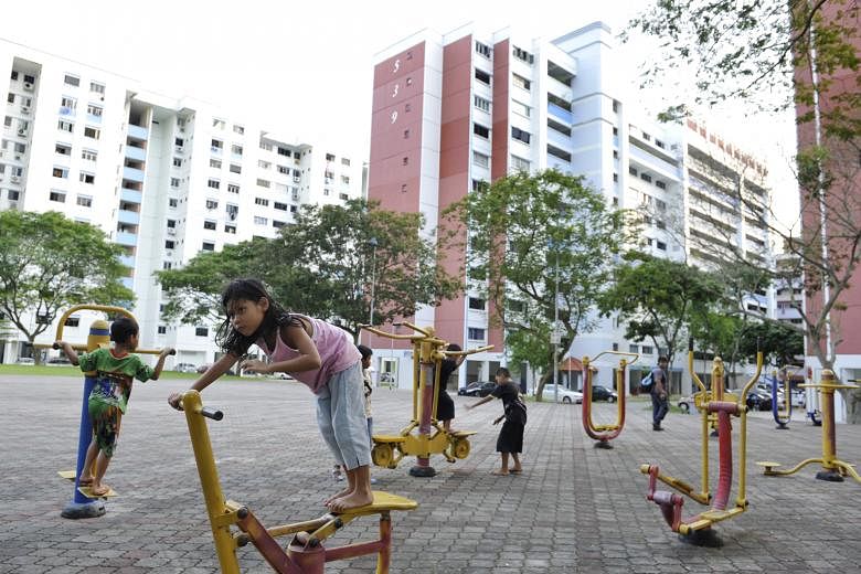 Children at a fitness corner in Bukit Batok Street 52. Residents in the constituency enjoy facilities such as pavilions, parks, fitness corners and covered walkways linking several blocks.