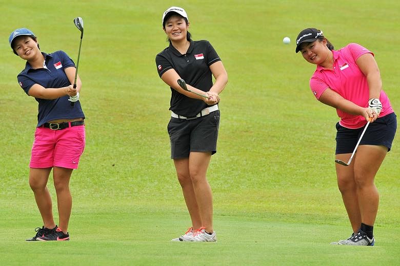 (From left) Jacqueline Young, Sarah Tan and Callista Chen practising at Singapore Island Country Club. Callista, in particular, is upbeat about her chances at the 27th Singapore Ladies Amateur Open as it is on her home Keppel Club course and the long